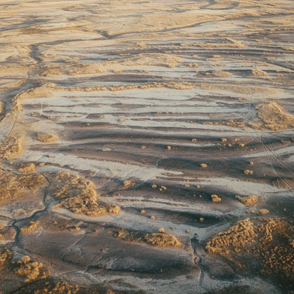Aerial patchwork of arid soil and sparse vegetation