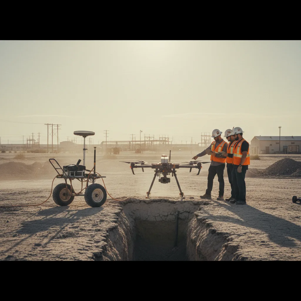Field crew with a drone and ground-penetrating-radar cart beside a utility trench