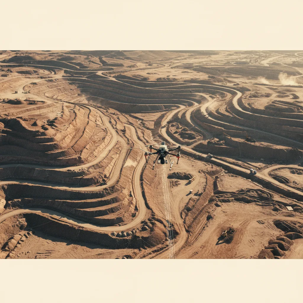 Survey drone over a desert construction and earthworks site