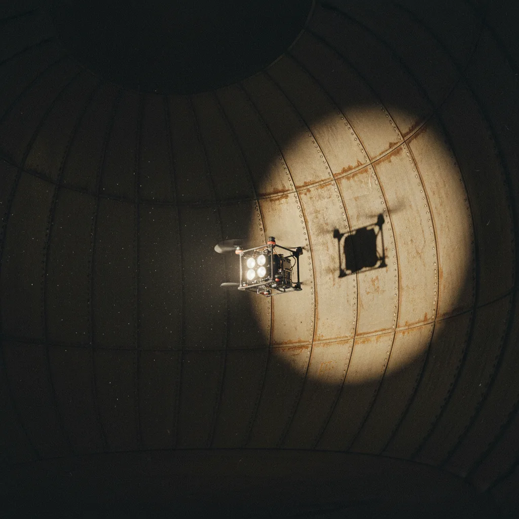 Caged inspection drone lighting the interior of an industrial storage tank