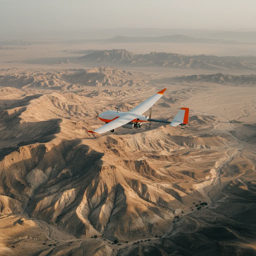 Fixed-wing survey UAV over the Arabian Shield at golden hour