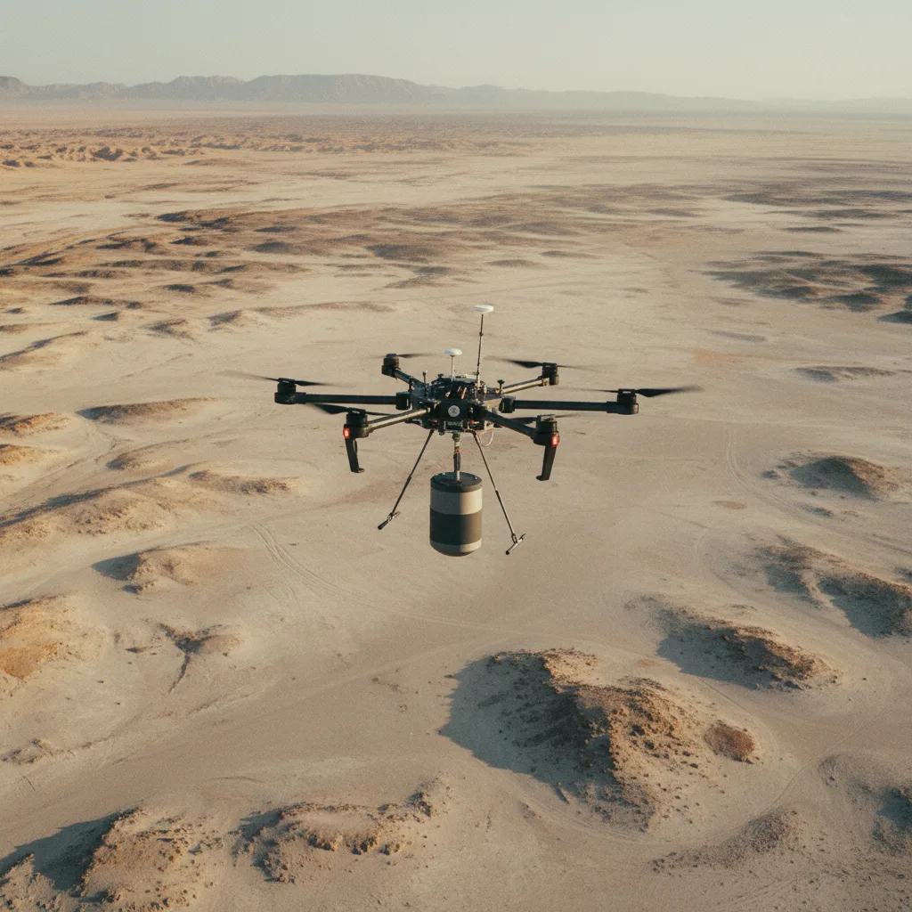 Survey drone carrying a slung electromagnetic sensor pod over an arid plain