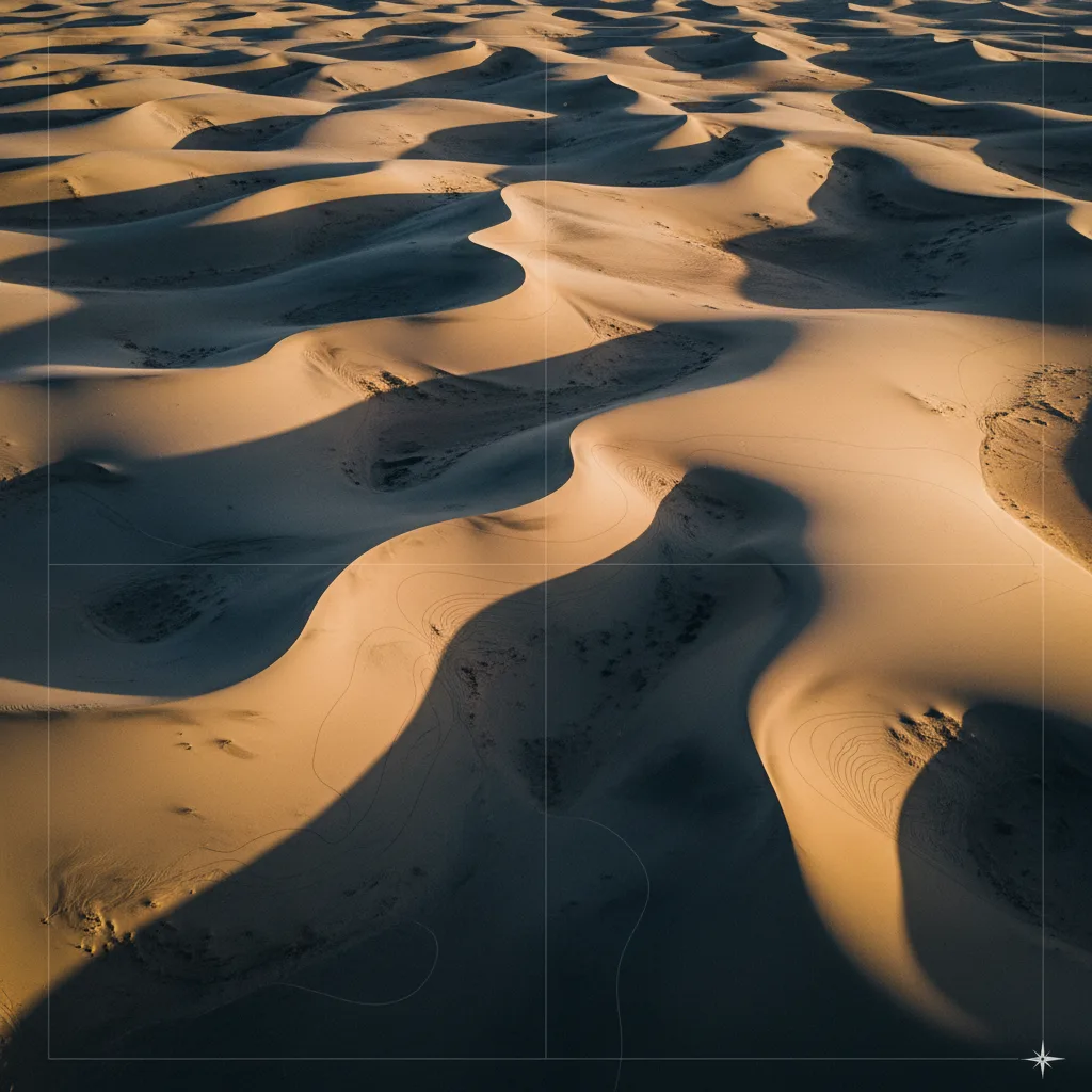 Sand dunes casting long shadows at golden hour