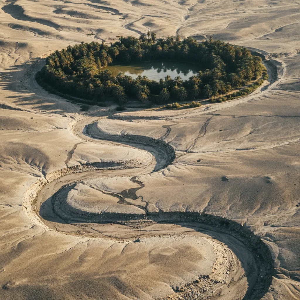 Dry desert wadi winding toward an oasis