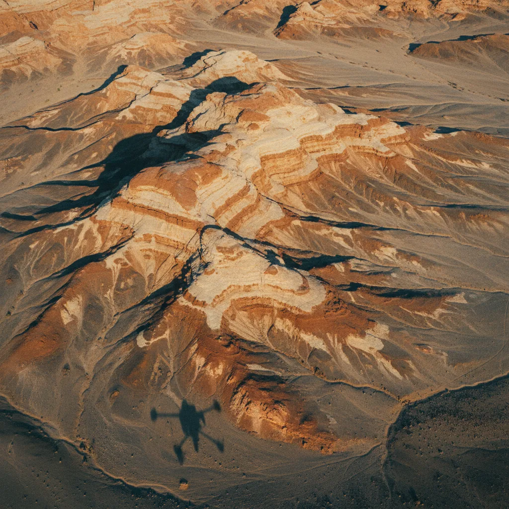 Drone shadow over a mineralized rock outcrop