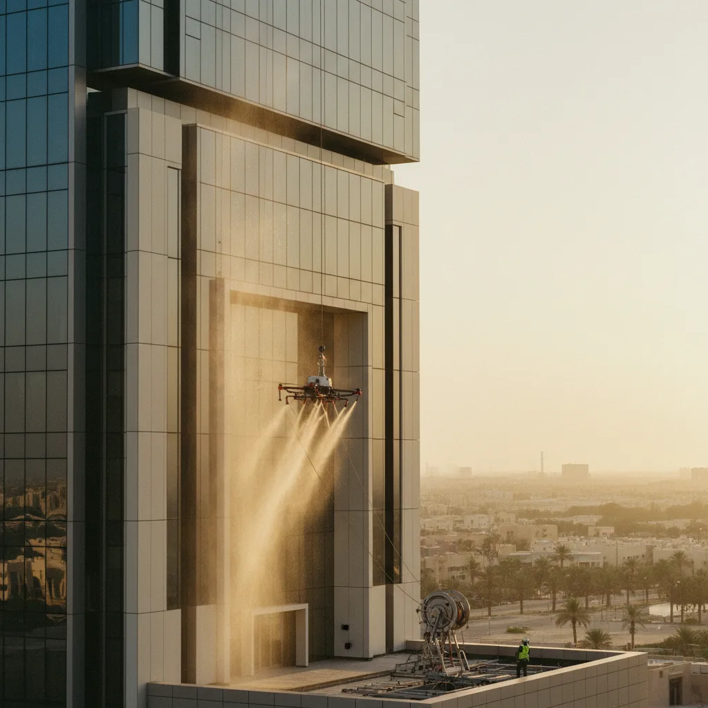 Tethered drone washing the glass facade of a Riyadh skyscraper