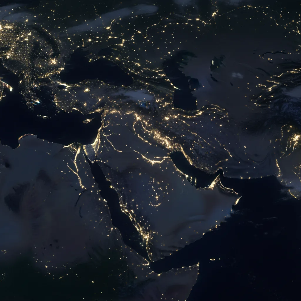 Satellite night view of the Arabian peninsula showing the Kingdom's city lights